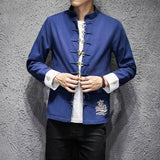 2018 Traditional Men Kung Fu Costume Jacket Chinese Frog Embroidered Jacket Men Retro Cotton Linen Long Sleeves Coats & Jackets Navyblue / M