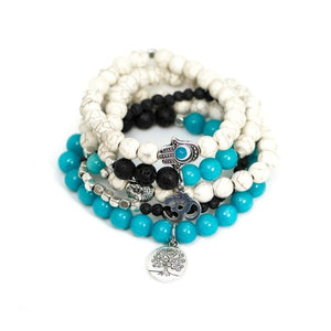 Blue Jade Howlite And Lava Stone Yoga Mala Bracelets Set With Tree Of Life Buddha Hamsa & Ohm Charms Women - Jewelry - Bud-Shidos 84