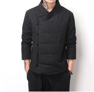Chinese Style Vintage Winter Coat Men Wadded Jacket Buddhism Outerwear Oblique Placket Buttons Parka Khaki Blue Black Color