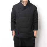 Chinese Style Vintage Winter Coat Men Wadded Jacket Buddhism Outerwear Oblique Placket Buttons Parka Khaki Blue Black Color Black / M