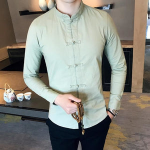 Men New Arrival Shirt Chinese Traditional Style Kung Fu Long Shirts Fashion Disk Buckle Casual White Bud-Shidos 84