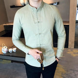 Men New Arrival Shirt Chinese Traditional Style Kung Fu Long Shirts Fashion Disk Buckle Casual White Green / Xl