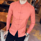 Men New Arrival Shirt Chinese Traditional Style Kung Fu Long Shirts Fashion Disk Buckle Casual White Orange / Xl