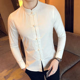 Men New Arrival Shirt Chinese Traditional Style Kung Fu Long Shirts Fashion Disk Buckle Casual White Bud-Shidos 84