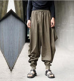 Men Trousers Japanese Samurai Style Boho Casual Low Drop Crotch Loose Fit Harem Baggy Hakama Capri Cropped Linen Pants Trousers Army Green /