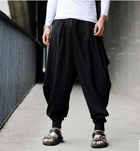 Men Trousers Japanese Samurai Style Boho Casual Low Drop Crotch Loose Fit Harem Baggy Hakama Capri Cropped Linen Pants Trousers