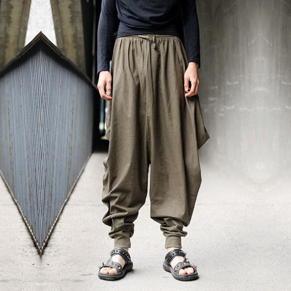 Men Trousers Japanese Samurai Style Boho Casual Low Drop Crotch Loose Fit Harem Baggy Hakama Capri Cropped Linen Pants Trousers