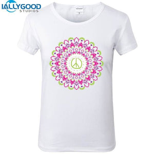 Newest Harajuku Peace Mandala Mehndi Women Buddha Shirts Slim White T Shirt